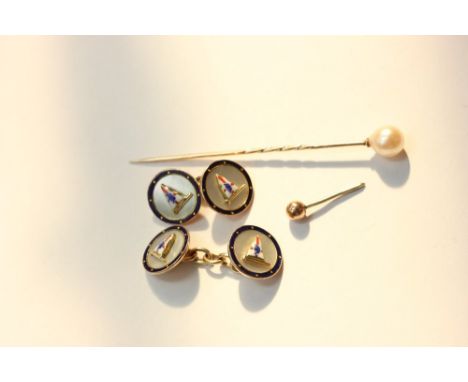 A pair of 9ct gold and enamel buttons and a stick pin