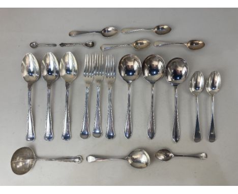 A set of three George V silver Thread pattern dessert spoons, maker Mappin &amp; West, Sheffield 1920, with a matching fork a