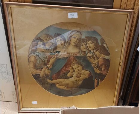 Three framed coloured portrait prints and a religious group similar