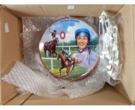 A box containing a collection of horse racing themed collectors' plates - sold with a racehorse print