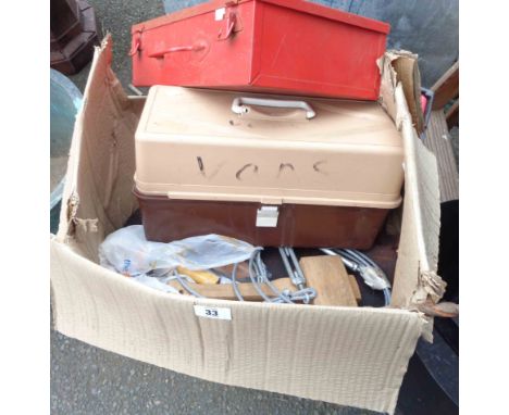 A box containing a quantity of assorted tools including Bosch drill in associated case, sockets, etc.