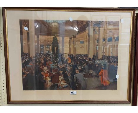 †Terence Cuneo: a framed coloured print entitled 'The Underwriting Room at Lloyds'