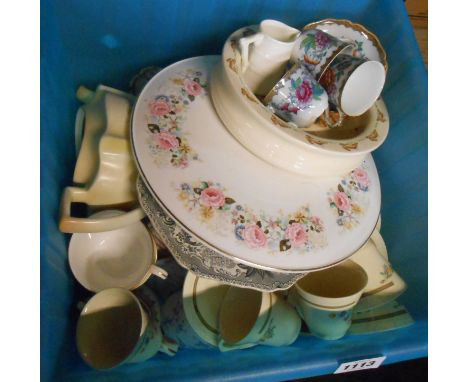 A box containing a quantity of assorted ceramics including Royal Doulton coffee cans and saucers, Spode Aesop's Fables plate 