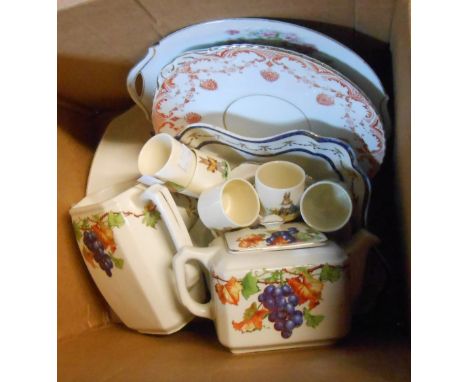 A box containing assorted ceramic items including a set of six Royal Doulton 'Bunnykins' egg cups, etc.