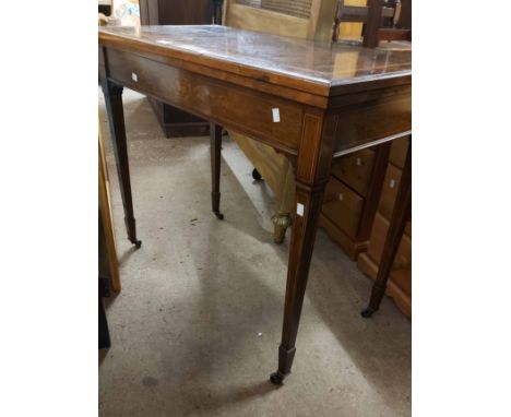 A 90cm 19th Century Maple &amp; Co. rosewood and strung fold-over card table with green baise surface and inlaid frieze decor