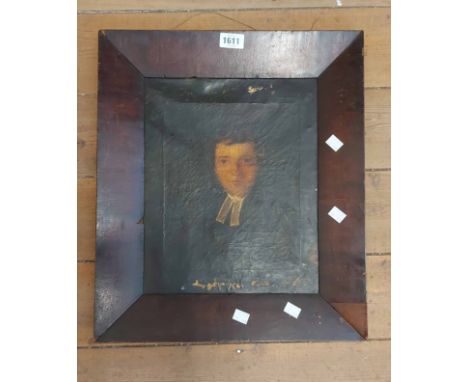A mahogany veneered framed 19th Century oil on canvas portrait of a religious gentleman - paint loss - 35cm X 28cm