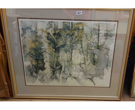 A gilt framed large format coloured print, depicting an abstract woodland