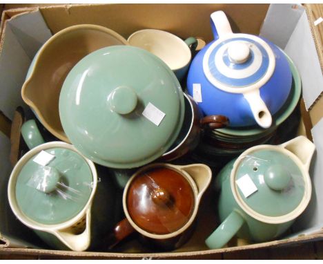 A box containing a quantity of Denby stoneware in the green and brown colourways including hot water jugs, cups and saucers, 