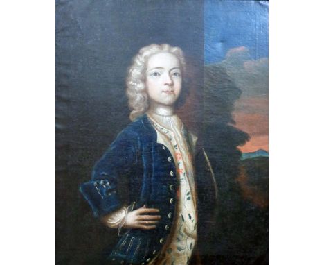 An ebonised framed antique oil on canvas portrait of a young boy wearing a blue frock coat - canvas inscribed verso 'Aetatis 