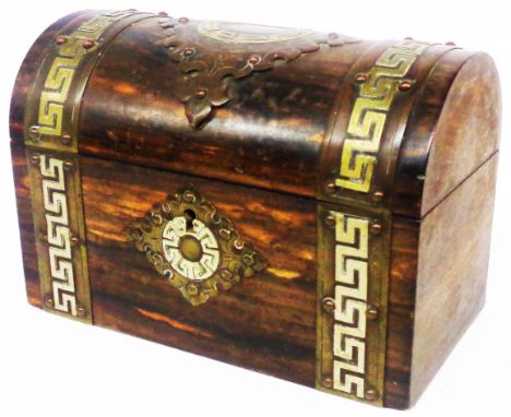 A Victorian brass bound hardwood tea caddy in the form of a dome top chest