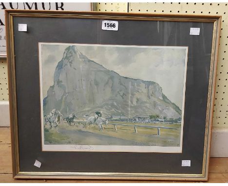 †Lionel Edwards: a framed coloured print entitled 'Racing at Gibraltar' - signed to the margin