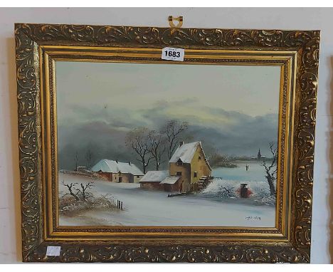 H. Barden: a gilt framed oil on canvas, depicting buildings in a winter landscape - signed - sold with a gilt framed print on