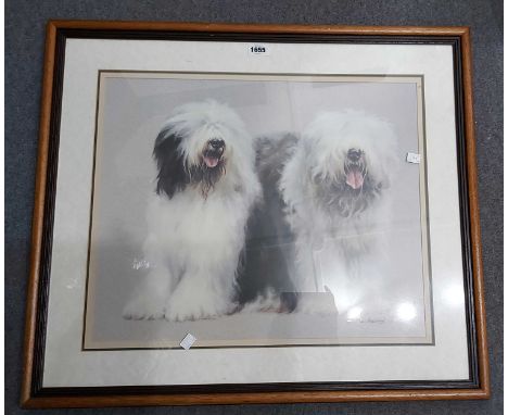 A framed large format coloured print, depicting two Old English Sheepdogs