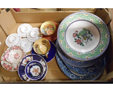 A box containing a quantity of assorted ceramic items including Aynsley cups and saucers, Copland Spode soup plates, etc.