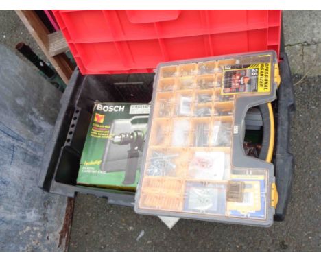 A crate containing a large quantity of assorted tools and fittings including boxed Bosch drill, hole saws, etc.