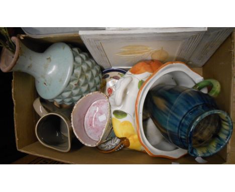 A box containing a quantity of assorted ceramic items including Jim Hall studio pottery vase (a/f), etc.