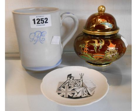 A small Carltonware Rouge Royal lidded jar, a Spode pin dish made for the 1958 Whitbread Britannia Inn Brussels expedition of