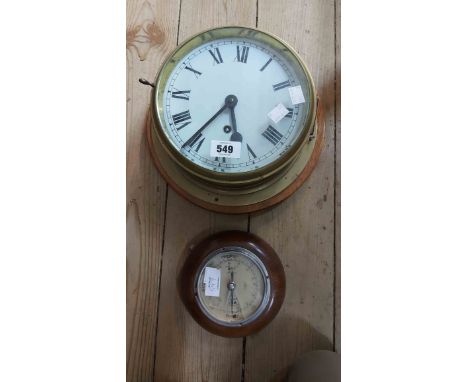 A vintage brass cased bulkhead wall timepiece with Roman numerals and eight day movement - sold with a small oak framed Short