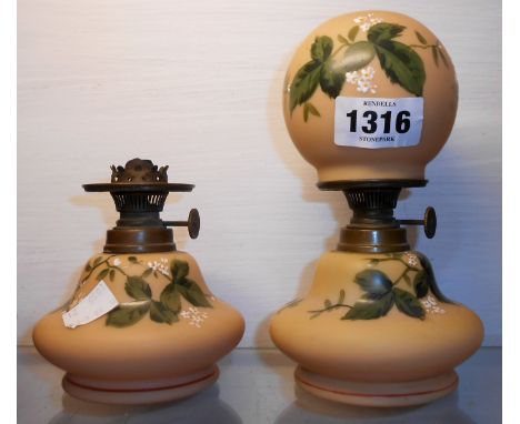 A 19th Century small peach blow glass oil lamp with brass fittings and globe shade both pieces decorated with coloured enamel