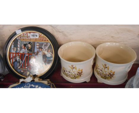 A framed Royal Copenhagen 'Name Day' wall plaque No. 1767 limited edition 9500 - sold with two ceramic jardinieres