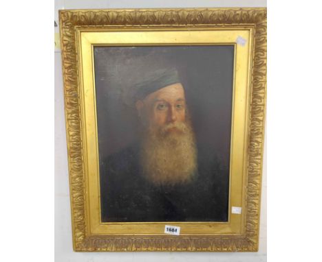 A gilt framed oil on canvas portrait of Edmund James (Mills) wearing a smoking hat - 42cm X 32cm