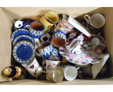 A box containing a quantity of assorted ceramic and other collectable items including miniature cabaret set, commemorative mu