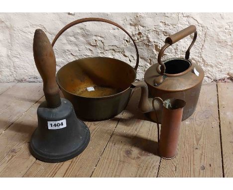 A large cast bronze school type bell with turned wood handle - sold with a Trench Art ewer made from a 1940 shell case, a bra