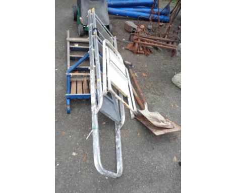 A vintage blue painted wood stepladder (for decorative use only) - sold with an aluminium similar, another two-step example a