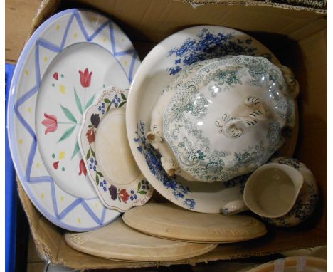 A box containing a quantity of assorted ceramic items including large toilet bowl, etc. - sold with two carved wooden breadbo