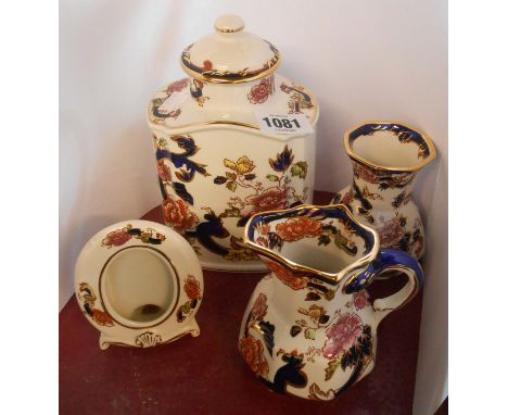 Four piece of Mason's Ironstone in the Mandalay pattern comprising tea caddy, hydra jug, photo frame and a vase