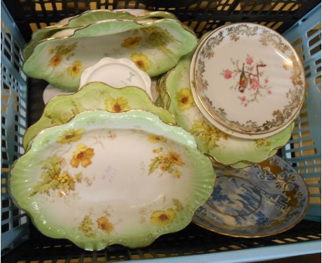 A crate containing a quantity of assorted ceramic items including Bishop &amp; Stonier dessert set, etc.