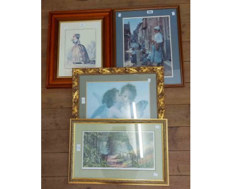 Four framed decorative coloured prints including Stanhope Forbes: 'A Street in Brittany' and ornate gilt framed William Bougu