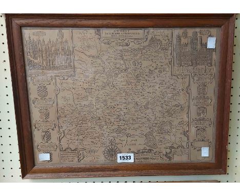 John Speede: an oak framed monochrome map print of Surrey, with applied antique finish