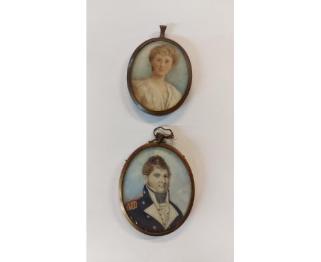 Two framed antique portrait miniatures on ivory, one depicting John Nepean Commander Royal Navy (KG1HL548), the other a woman