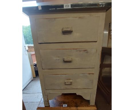 A 50cm vintage painted pine three drawer chest with white enamelled top