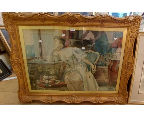 Czachorski: an ornate gilt gesso framed large format coloured print, depicting a 19th Century woman in an interior