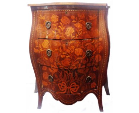 A 76cm antique marquetry bombe commode chest with serpentine front profuse floral and bow decoration to top, sides and three 