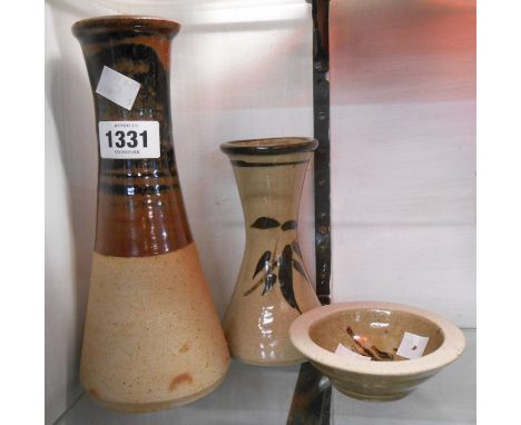 Two Jeremy Leach Lowerdown studio pottery vases of waisted form - sold with a small bowl