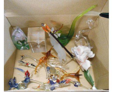 A box containing a quantity of vintage glass lampwork animals and other glassware