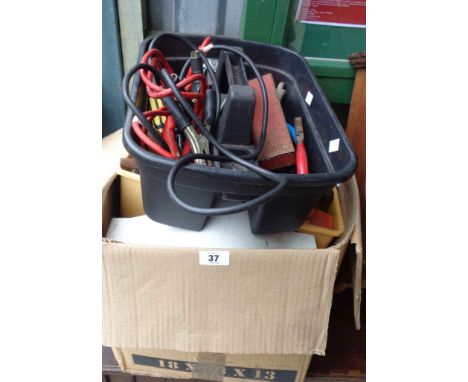 A box containing a quantity of tools and autojumble including Mini Cooper cam cover, tool belt, etc.