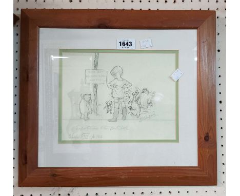 A pine framed monochrome illustration print from Winnie the Pooh entitled 'Exploration to the North Pole'