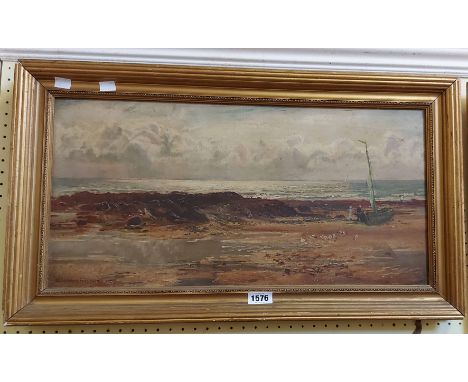 Blandford Fletcher: a gilt framed oil on canvas, depicting a beached sailing vessel with figures and gulls on a rocky shore -