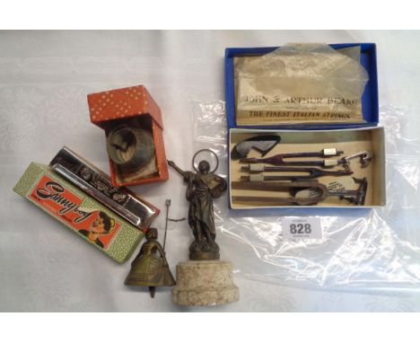 A quantity of assorted collectable items including a cast brass figure on marble base, boxed Hohner harmonica, etc.