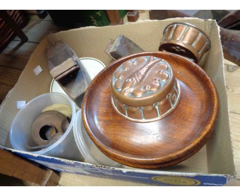 A box containing a quantity of tools and other collectable items including old wooden planes, oil cans, copper jelly moulds, 
