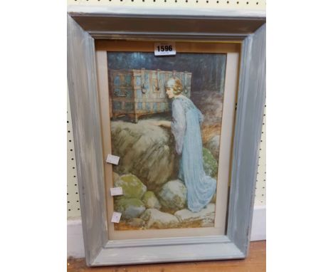 A painted framed print, depicting a lady with coffer