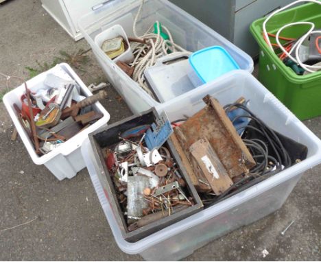 Three crates containing a large quantity of assorted tools and fittings including screwdrivers, drill bits, small vice, faste