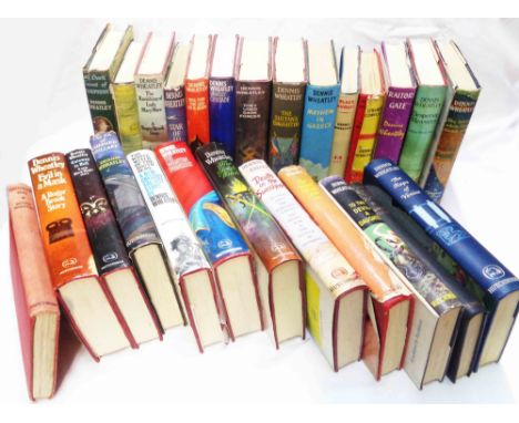 A red crate containing a selection of Dennis Wheatley vintage hardback books, 8vo. all bar two with printed dust covers, Pub.