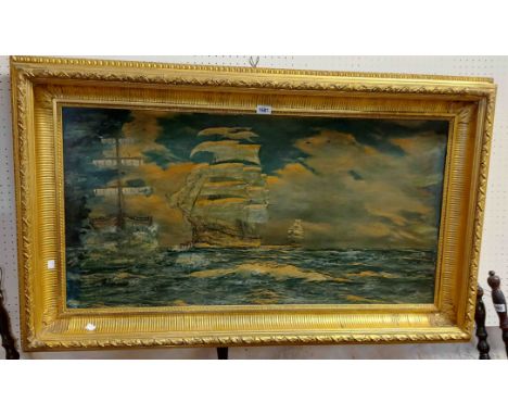 An ornate gilt framed large format maritime print with later painted detail