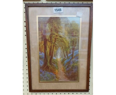 A pair of vintage oak framed coloured prints, both depicting woodland tracks