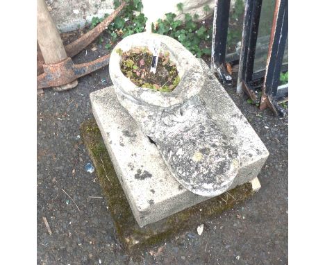 Two square pillar bases - sold with a concrete planter in the form of a boot